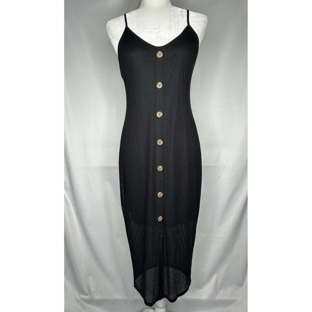 Express Womens Black Ribbed Knit Button Front Midi Dress Sleeveless Size M NEW